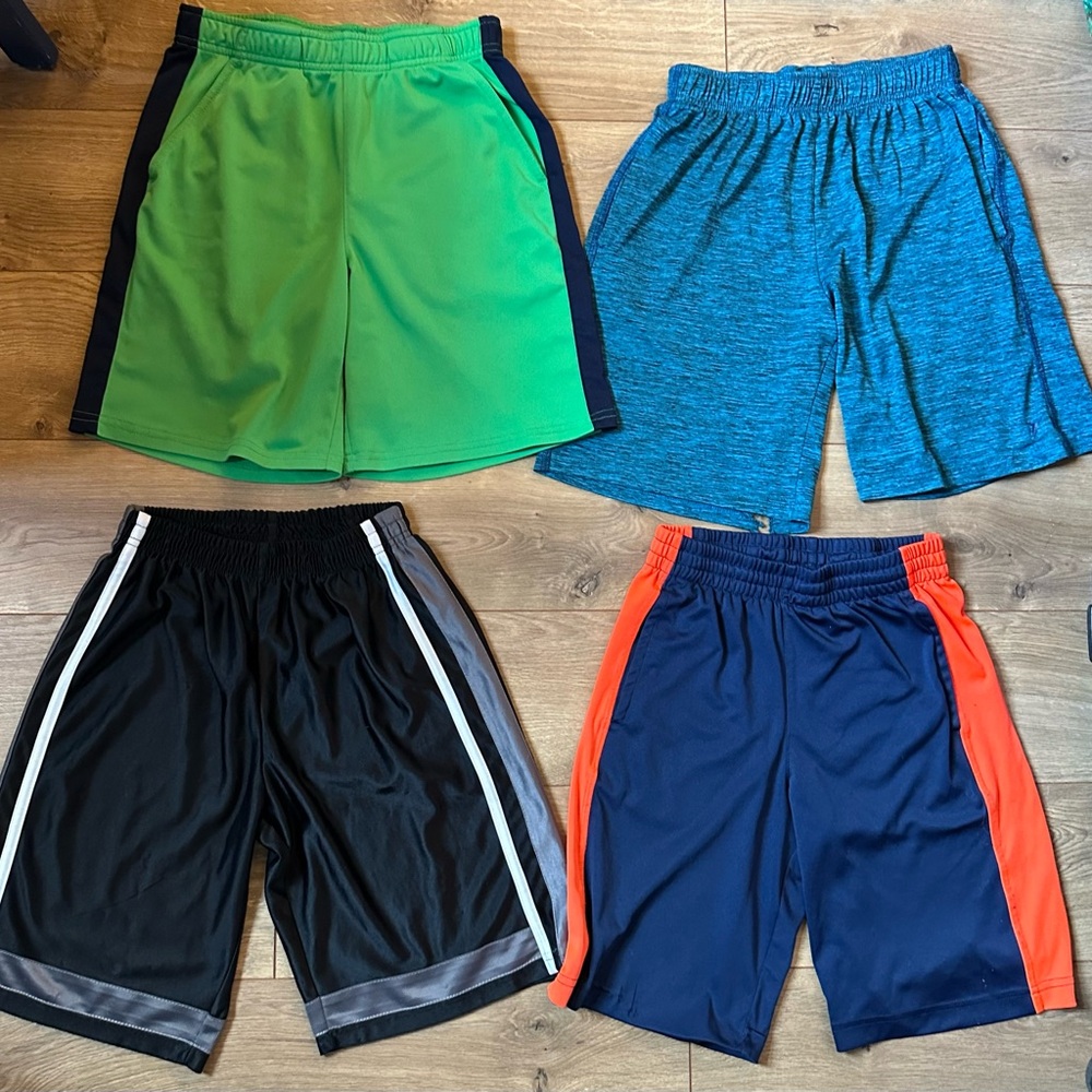 Kids Athletic Shorts, 4 pairs - Green, Blue heather, Black, and Navy size 10
